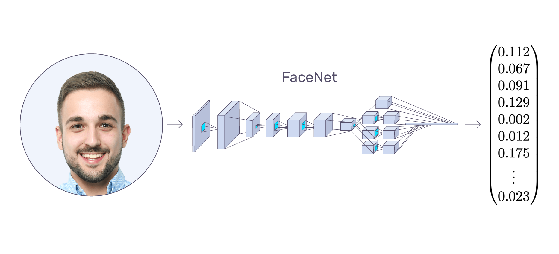 A visual of what the Facenet system does to convert a face into embeddings