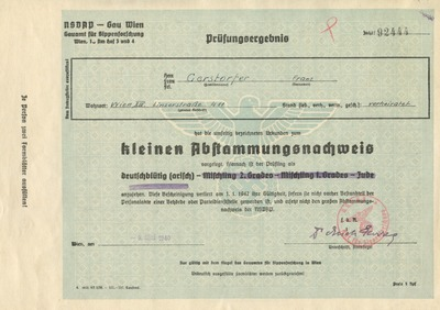  Green certificate on white background with title "Prüfungsergebnis." Includes illustration of Eagle and Swastika